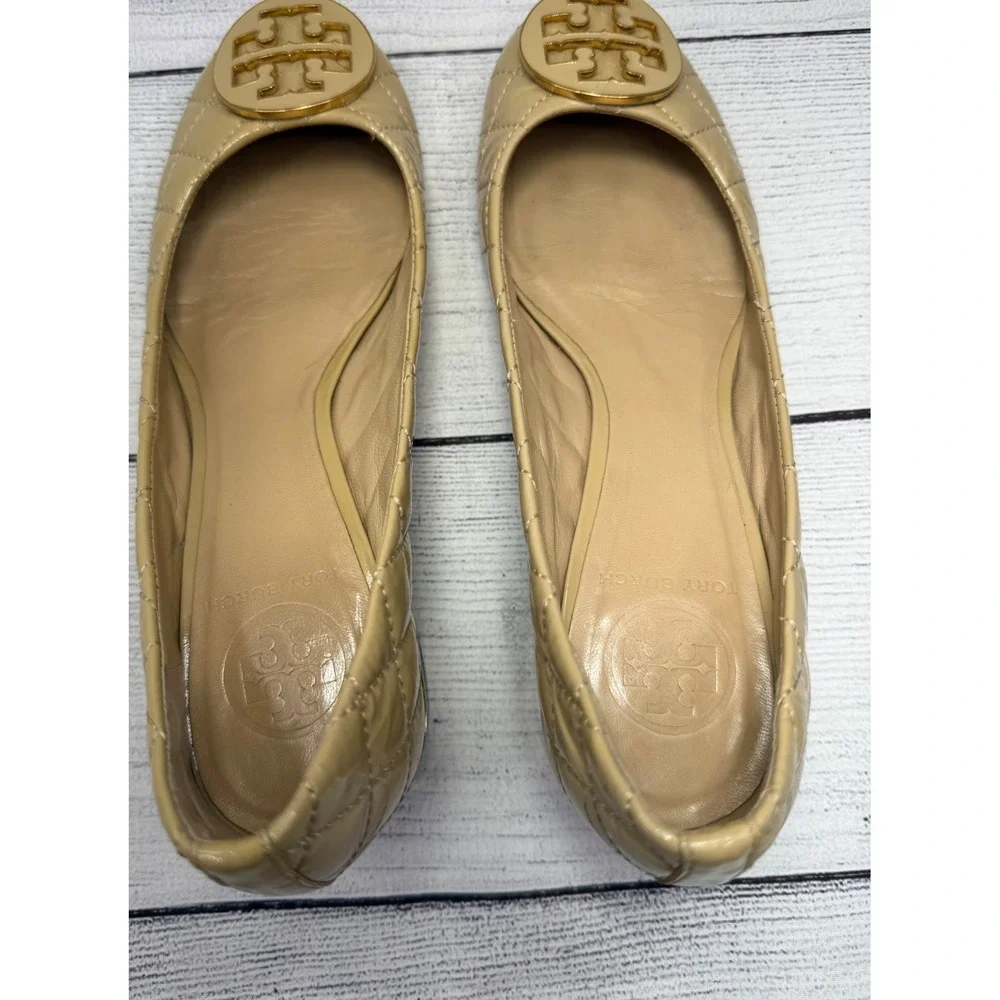 Tory‎ Burch Quilted Patent Leather Ballet Flats Beige Size 7.5